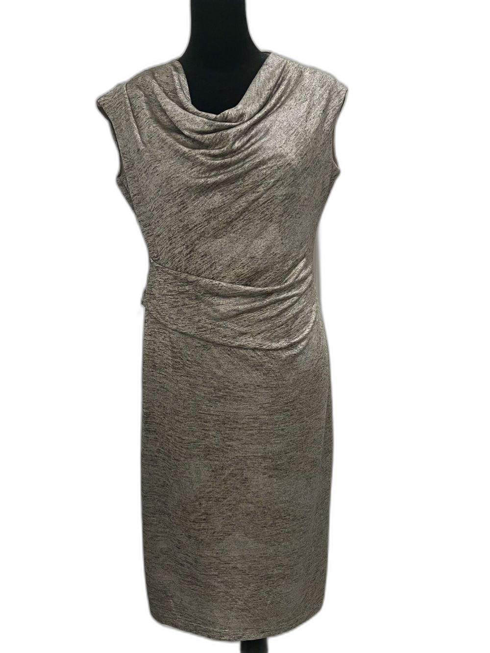 Connected Apparel Women’s Size 12 Silver Gold Metallic Beige Cowl Neck Dress